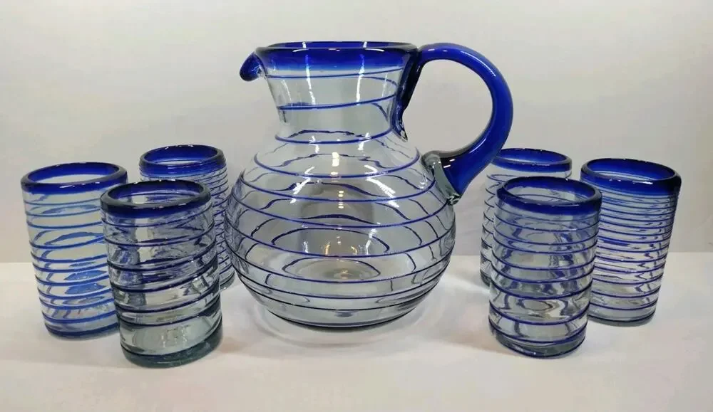 Hand Blown Cobalt & Clear Glass Swirl Pitcher & Glasses 7 Pc Set Made in Mexico